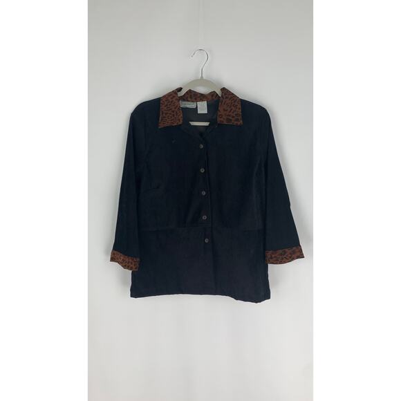 Jane Ashley Vintage Black Animal Print Button Up Shirt Womens Medium Cheetah - Picture 1 of 6